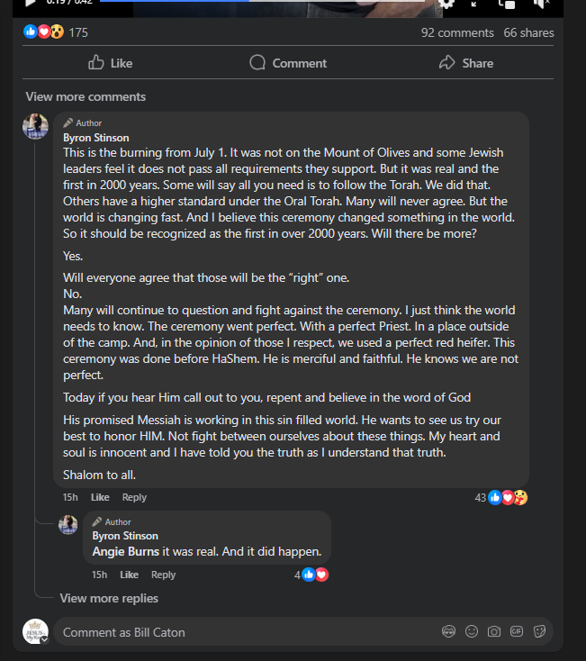 Byron Stinson Confirms Authentic Red Heifer Sacrifice on Facebook